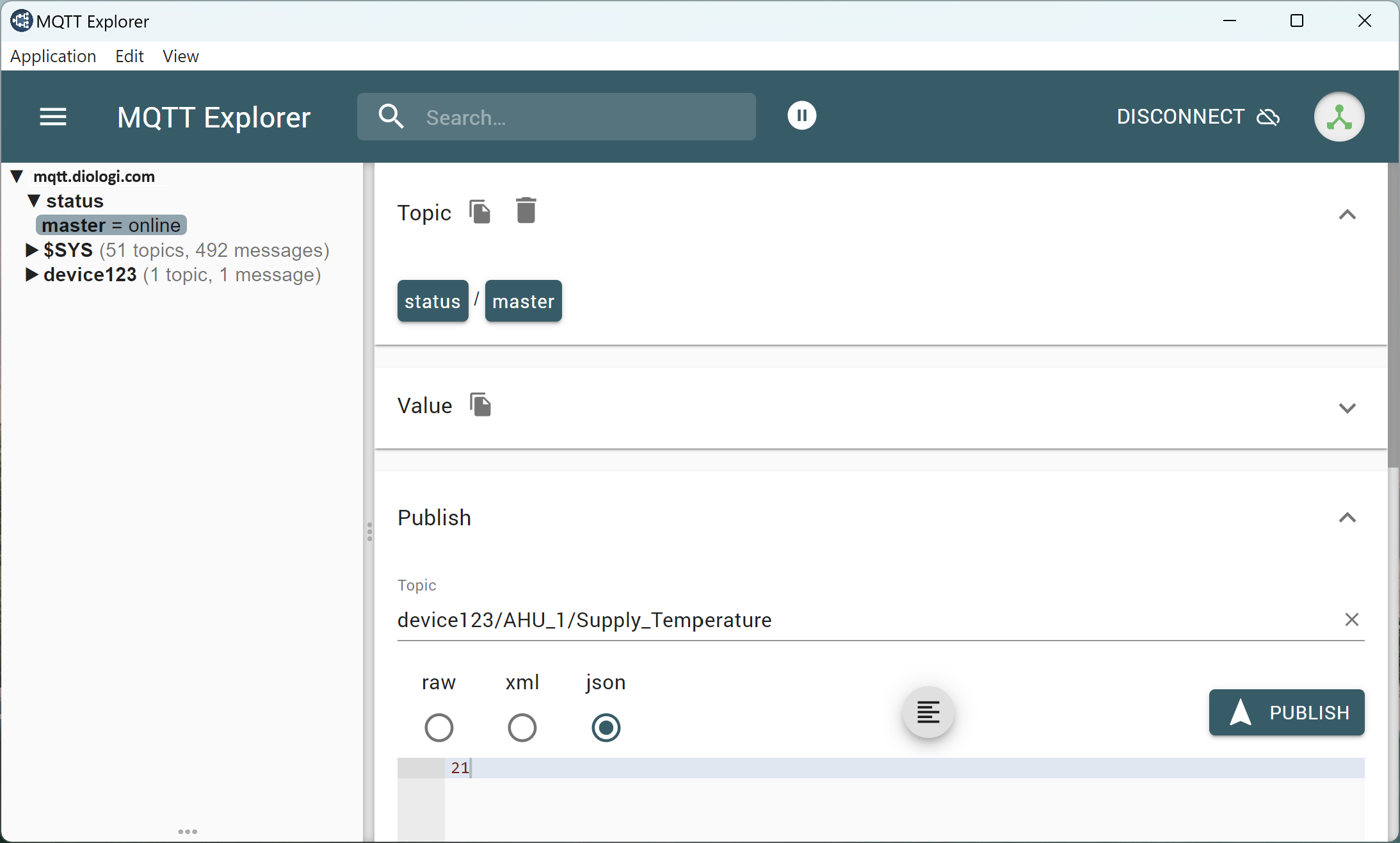 MQTT Explorer Connected: Online status